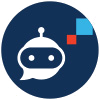 A blue circle with a black and red square and a black and blue robot head